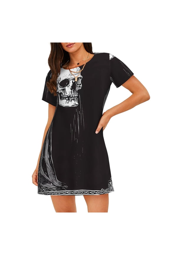 Gothic Skull Drape Pattern Womens Short Sleeve Sleepshirt Scoopneck Cute Nightdress Ruffle Comfy Nightgown
