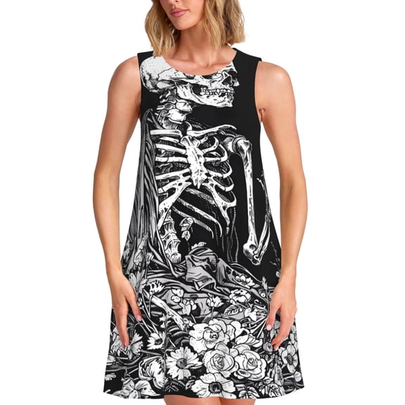 Vsdgher Gothic Skull Floral Art Print Summer Dresses for Women Casual U Neck Beach Dress Sleeveless Tank Loose Sundress with Pocket -Small