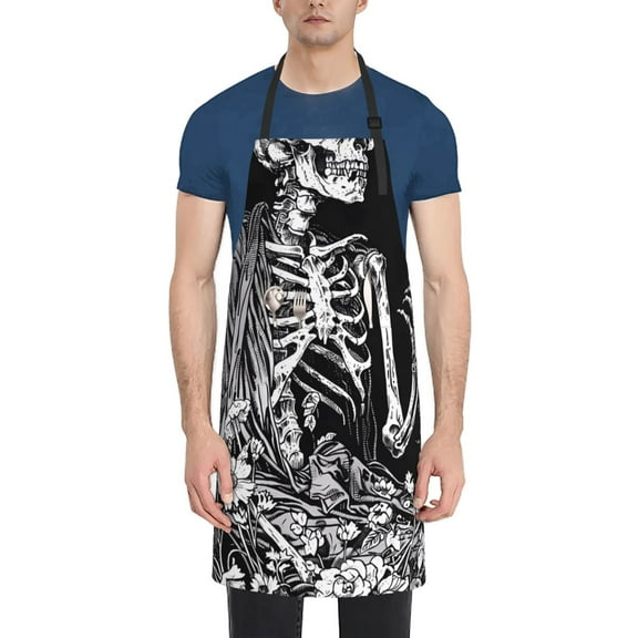 Vsdgher Gothic Skull Floral Art Waterproof Apron with 2 Pockets Kitchen Chef Aprons Bibs for Grooming Cooking Baking Painting Gardening