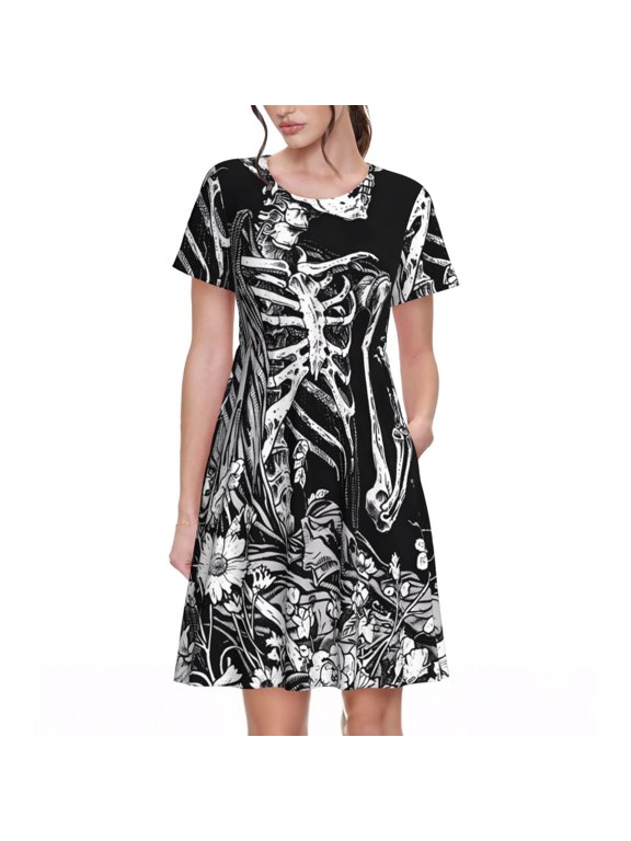 Gothic Skull Floral Art for Womens Summer 2025 Casual Midi Maxi Dresses Lightweight Short Sleeve Round Neck Beach Dress -Small
