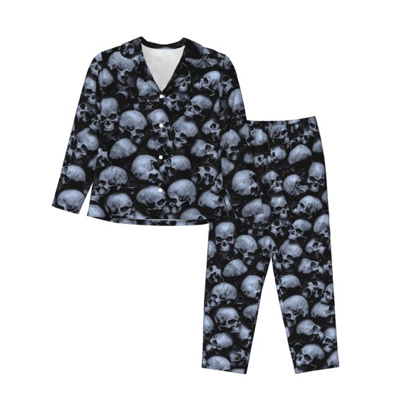 Vsdgher Gothic Skull Pajamas Set Long Sleeve Sleepwear Womens Button Down Nightwear Pj Sets-Small