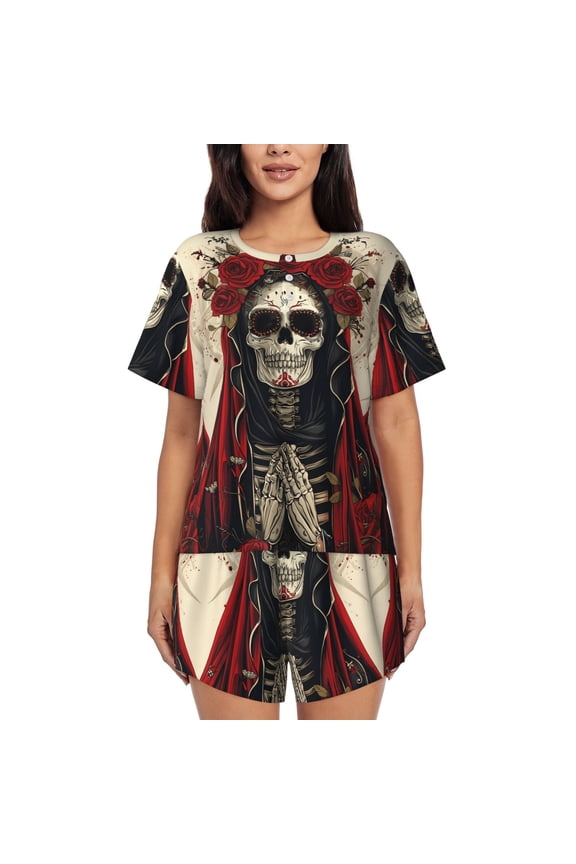 Gothic Skull With Roses Pattern Womens Pajamas 2 Piece Short Sleeve Sleepwear Set,Summer Soft Pajamas Set Casual Lounge Sets, 2-Piece Pj -XX-Large