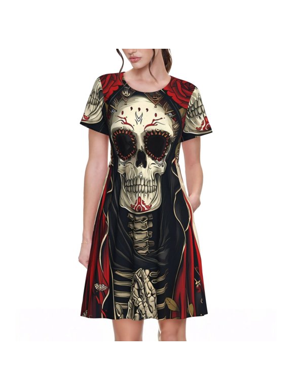 Gothic Skull With Roses for Womens Summer 2025 Casual Midi Maxi Dresses Lightweight Short Sleeve Round Neck Beach Dress -X-Large