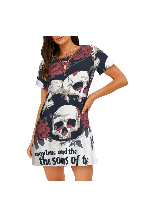 Gothic Skulls And Roses Pattern Womens Short Sleeve Sleepshirt Scoopneck Cute Nightdress Ruffle Comfy Nightgown
