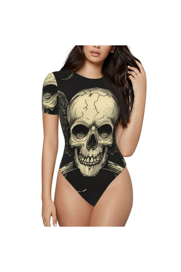 Gothic Winged Skull Prinr Short Sleeve Body suit for Womens, Sexy Onesie One Piece Round Neck Bodysuit Shapewear Tummy Control-Large