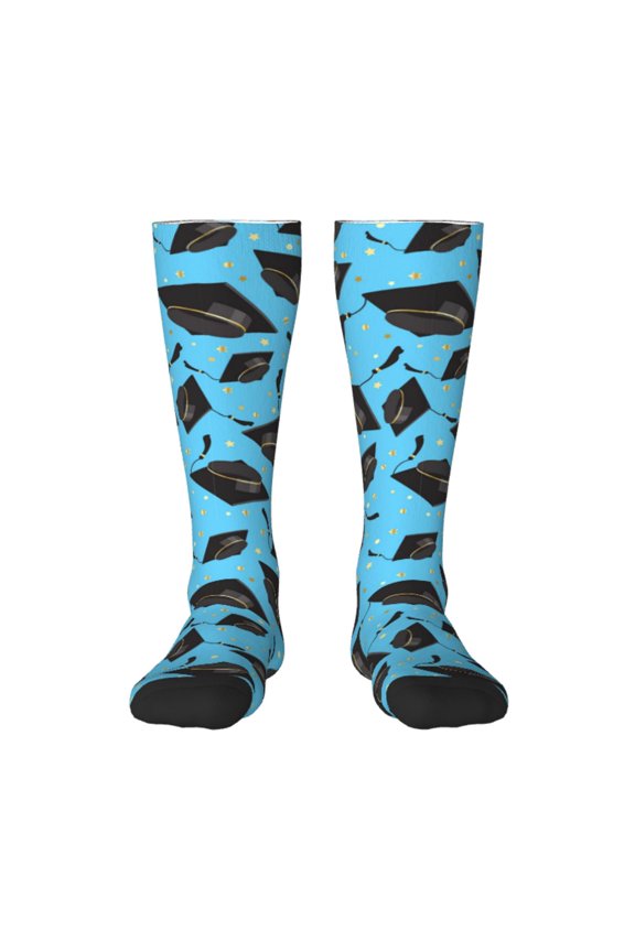 Graduation Hats2 Print Thigh High Socks Extra Long Stretchy Sock Women Over Knee High Opaque Stocking Daily Wear