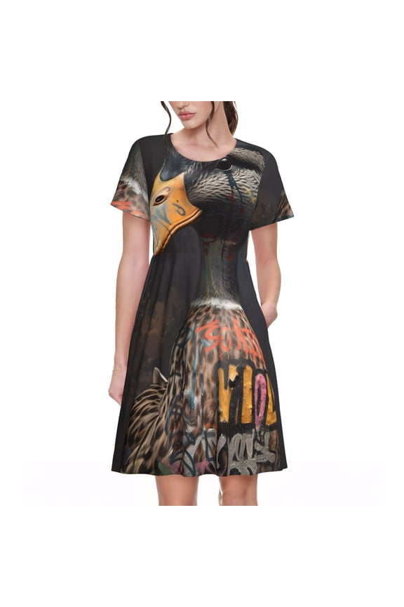 Graffiti Cool Duck for Womens Summer 2025 Casual Midi Maxi Dresses Lightweight Short Sleeve Round Neck Beach Dress -3X-Large