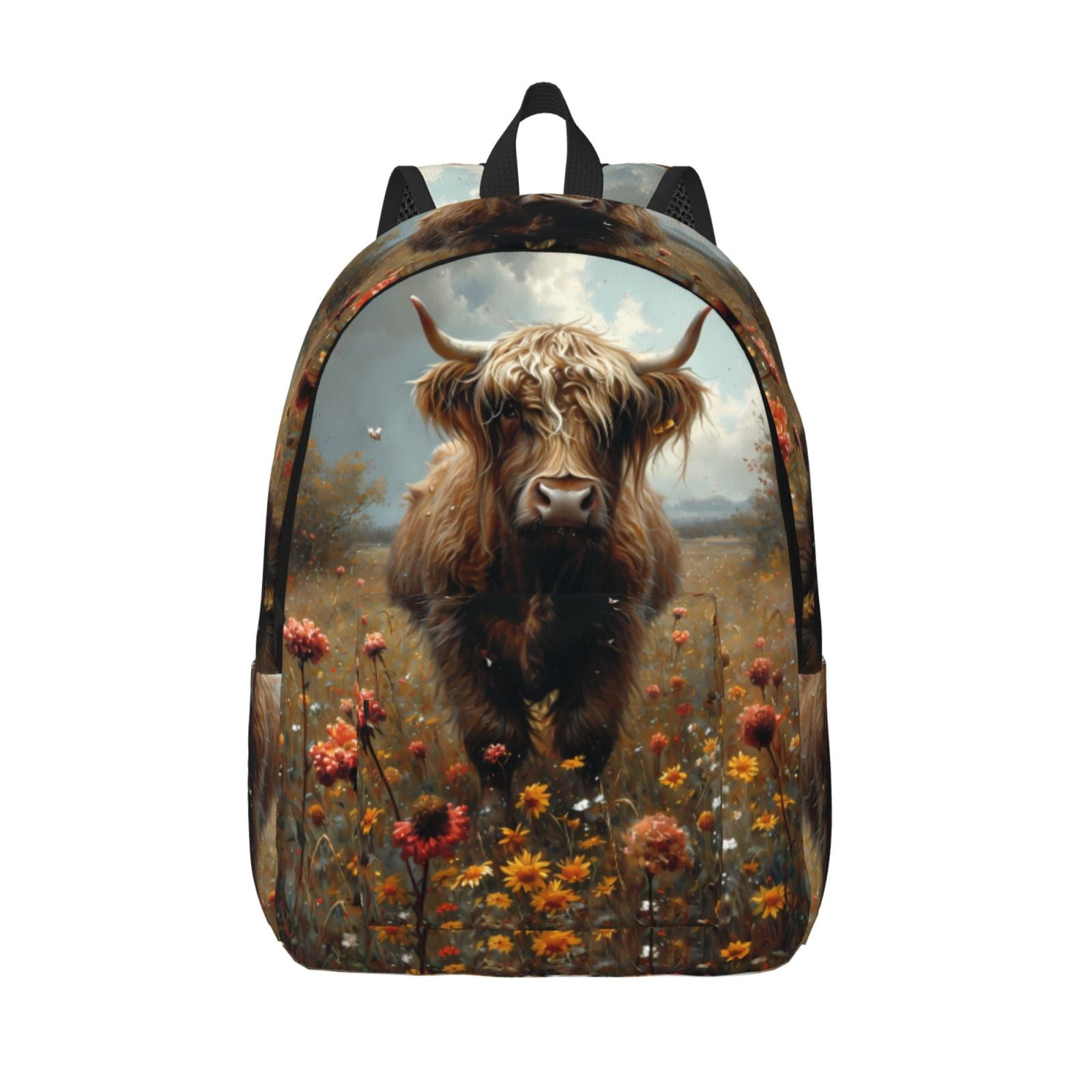 Vsdgher Grassland Sunflower Cow Print Canvas Backpack Travel Rucksack Unisex Knapsack 15.7/17.7Inch Laptop Backpack for Work,College -Medium