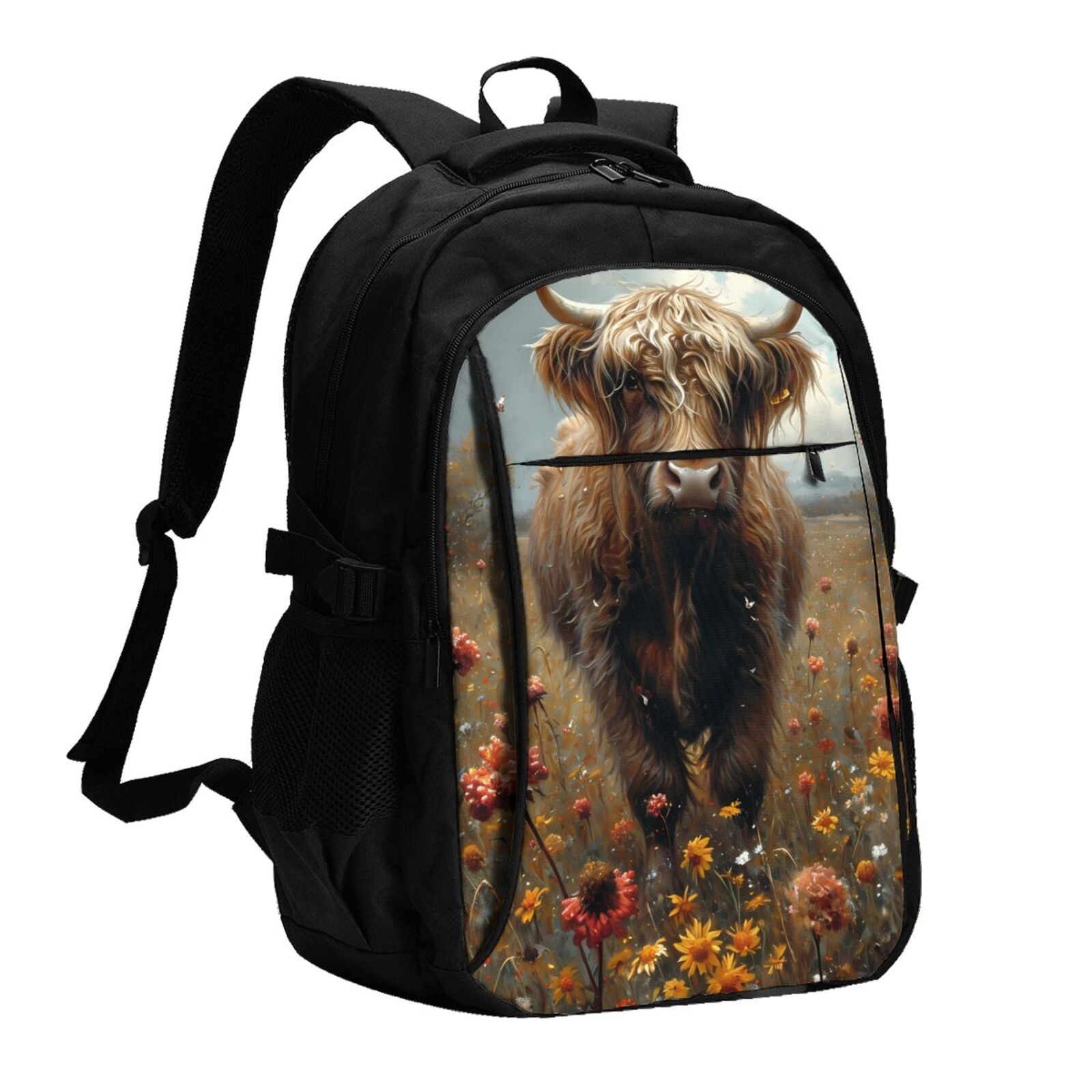 Vsdgher Grassland Sunflower Cow Print Travel Laptop Backpack, Laptops Backpack with USB Charging Port, Water Resistant Computer Bag Gift for Men & Women
