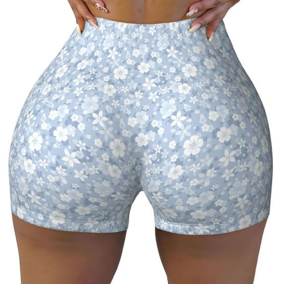 Vsdgher Gray White Floral print Workout Shorts for Women Seamless Soft Smooth Gym Yoga Scrunch Active Exercise Fitness Shorts