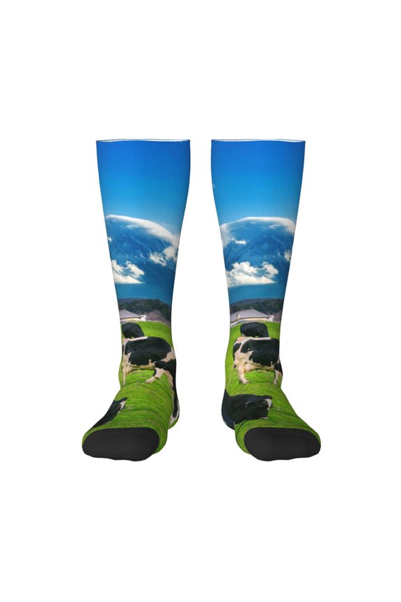 Grazing Cows Mountain View Knee Socks, High Socks Long Stretchy Sock Women Knee High Stocking, Long Socks for Women