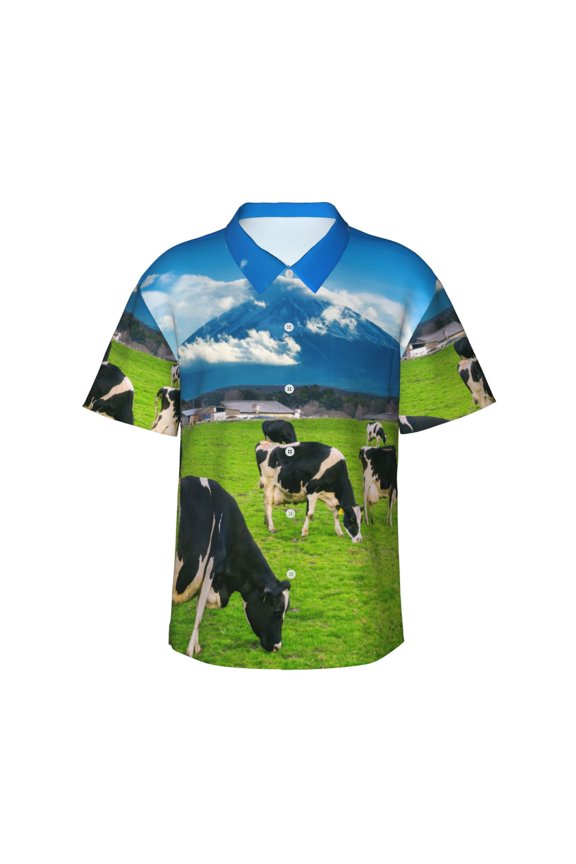 Grazing Cows Mountain View Print Men's Hawaiian Shirts Button Down Tropical Holiday Beach Shirts Vacation Clothes,Medium