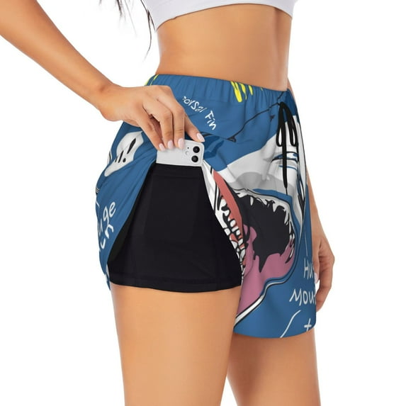 Vsdgher Great White Shark Print Women's Running Double Layer Shorts High Waisted with Pockets Elastic Yoga Workout Athletic Gym Sports