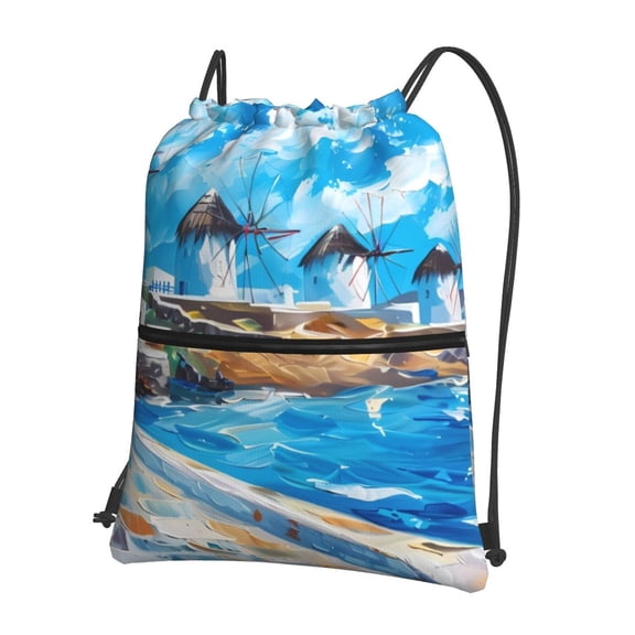 Vsdgher Greek Island Windmills Painting Drawstring Backpack Water Resistant String Bag Sports Sackpack Gym Sack for Men Women