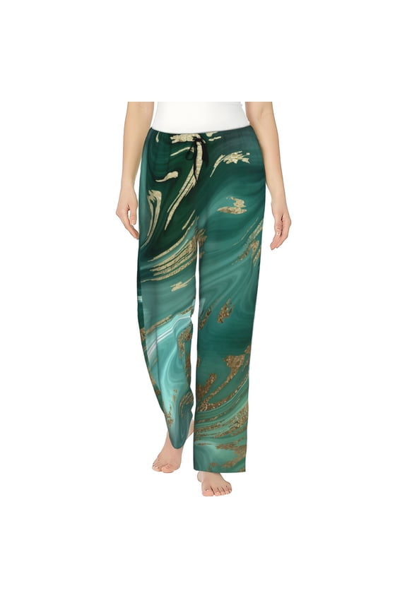 Green And Gold Marble Women’s Womens Pajama Pants, Lounge Wide Leg PantsLounge Pants,Sleep Bottoms, Lounge for Women-Small