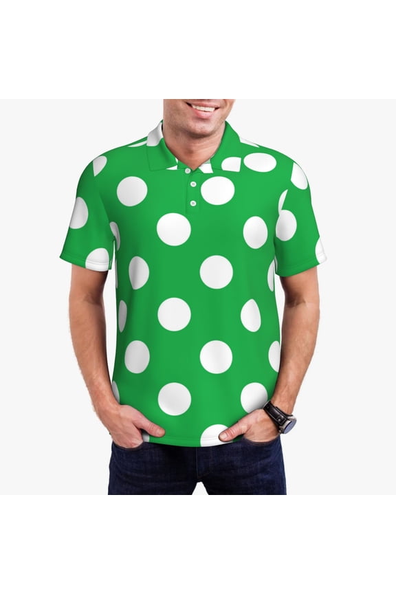 Green And White Polka Dot Polo Shirts for Men, Men's Short Sleeve Stretch Polo Shirt, Shirts for Men-3X-Large