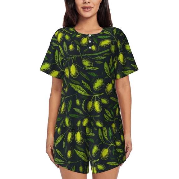 Vsdgher Green Branch Olive Pattern Womens Pajamas 2 Piece Short Sleeve Sleepwear Set,Summer Soft Pajamas Set Casual Lounge Sets, 2-Piece Pj -Small