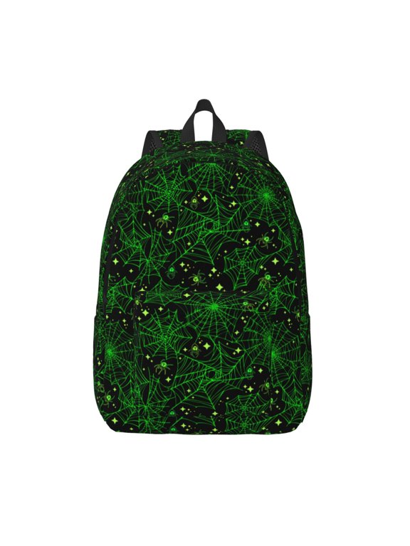 Green Bright Web with Spiders Print Canvas Backpack Travel Rucksack Unisex Knapsack 15.7/17.7Inch Laptop Backpack for Work,College -Small
