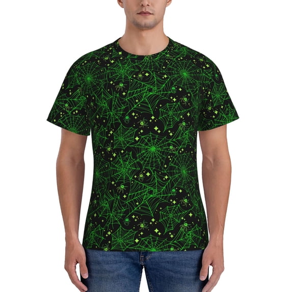 Vsdgher Green Bright Web with Spiders Print Men's Dry Fit Mesh Athletic Shirts Moisture Wicking Tennis T-Shirt Tops