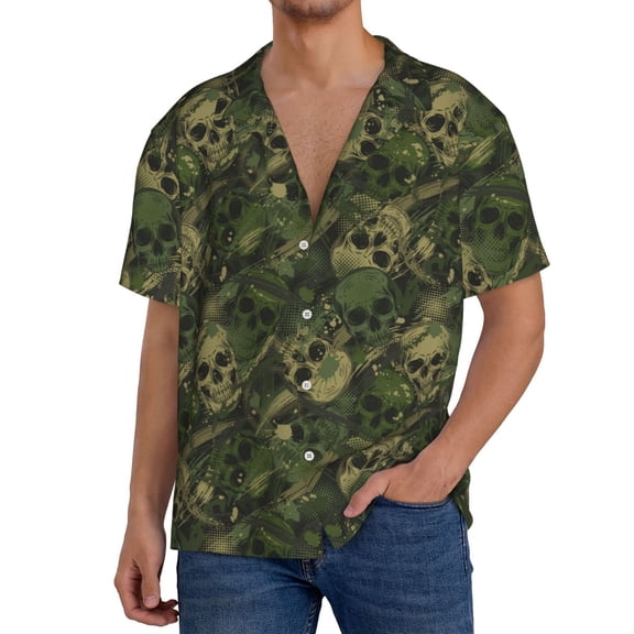 Vsdgher Green Camouflage Skull Men's Cuban Shirt, Hawaiian Shirts, Business Casual Button Down Shirts, Short Sleeve Shirt-Small
