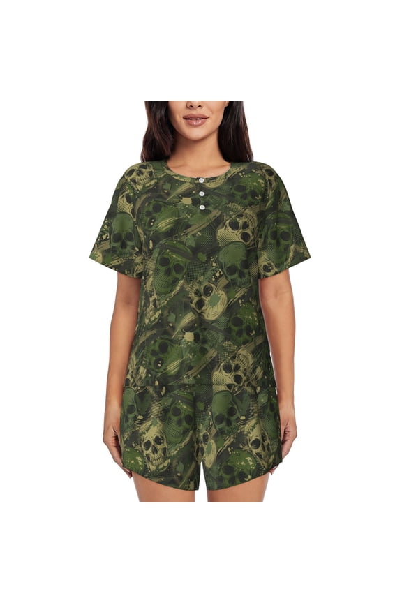 Green Camouflage Skull Pattern Womens Pajamas 2 Piece Short Sleeve Sleepwear Set,Summer Soft Pajamas Set Casual Lounge Sets, 2-Piece Pj -XX-Large