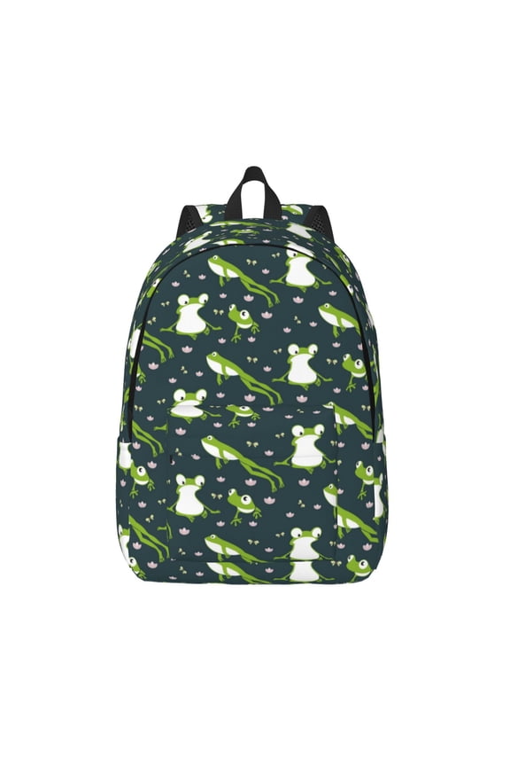 Green Frogs Print Canvas Backpack Travel Rucksack Unisex Knapsack 15.7/17.7Inch Laptop Backpack for Work,College -Medium