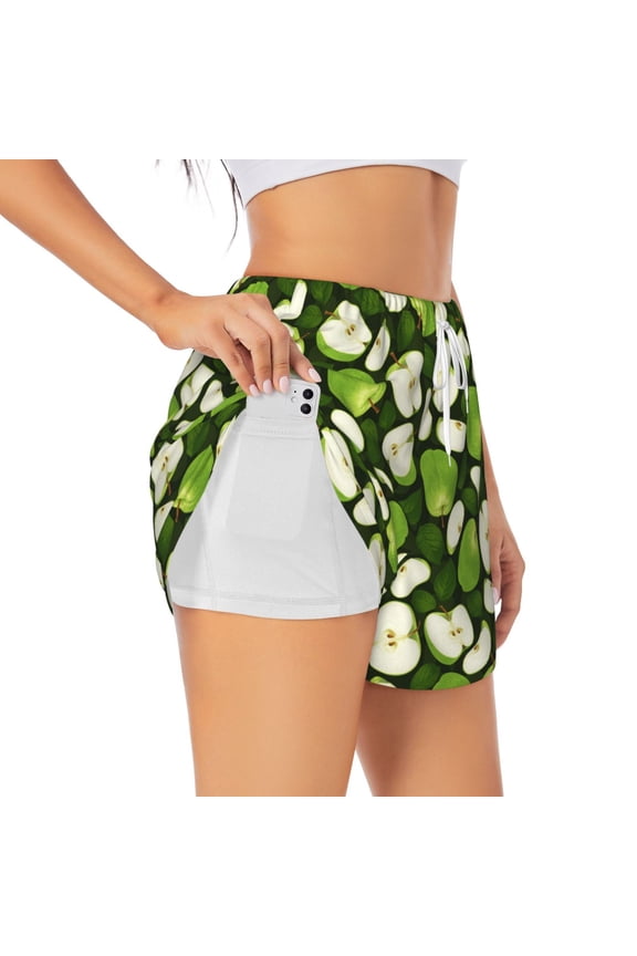 Green Fruit Athletic Shorts for Women, Women's Running Double Layer Shorts, High Waisted Yoga Shorts, Workout Athletic Shorts-Large