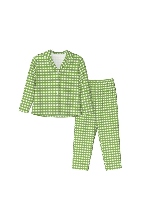 Green Gingham Pajamas Set Long Sleeve Sleepwear Womens Button Down Nightwear Pj Sets-Large