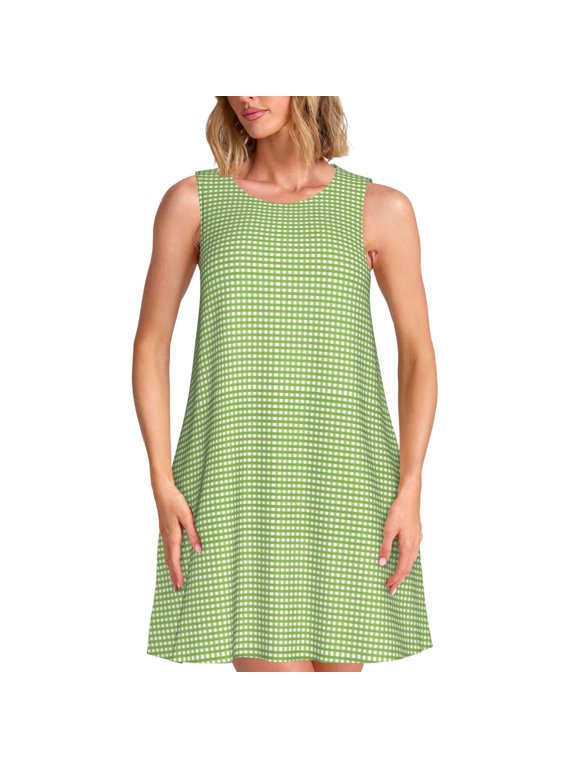 Green Gingham Print Summer Dresses for Women Casual U Neck Beach Dress Sleeveless Tank Loose Sundress with Pocket -Small
