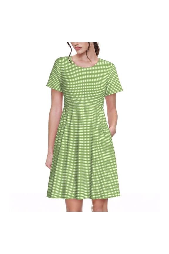 Green Gingham for Womens Summer 2025 Casual Midi Maxi Dresses Lightweight Short Sleeve Round Neck Beach Dress -3X-Large