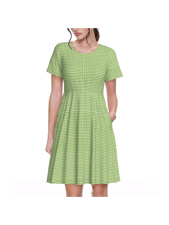 Green Gingham for Womens Summer 2025 Casual Midi Maxi Dresses Lightweight Short Sleeve Round Neck Beach Dress -XX-Large