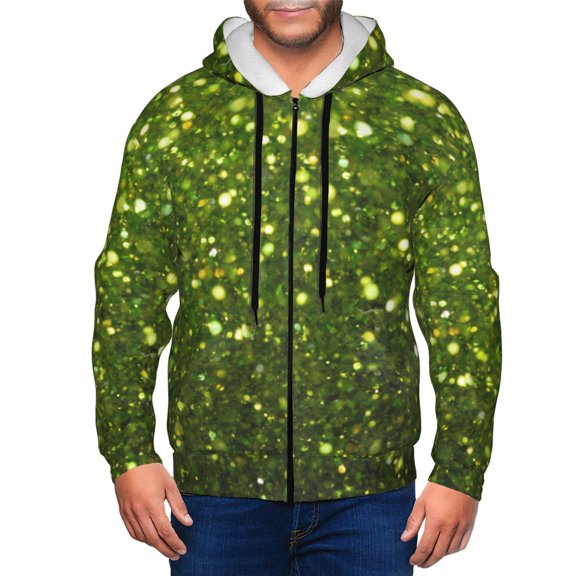 Vsdgher Green Glitter Sparkle Mens Hoodies Zip Hoodie, Hoodies for Men, Zip-up Hooded Sweatshirt-Large