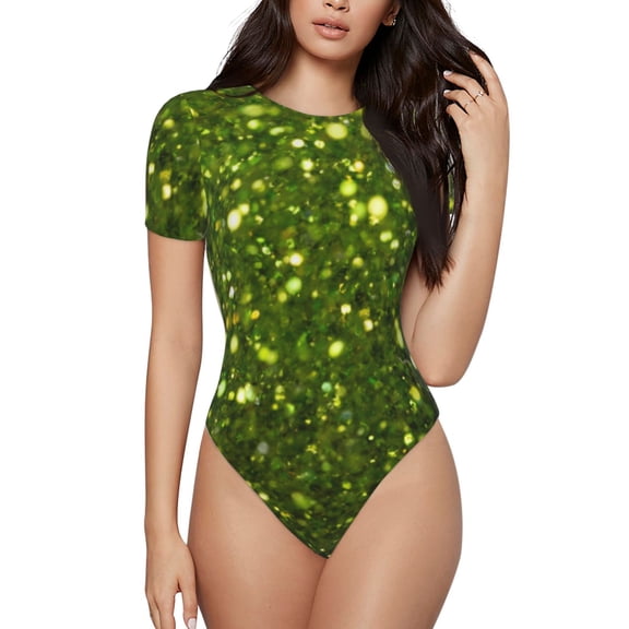 Vsdgher Green Glitter Sparkle Prinr Short Sleeve Body suit for Womens, Sexy Onesie One Piece Round Neck Bodysuit Shapewear Tummy Control-Medium