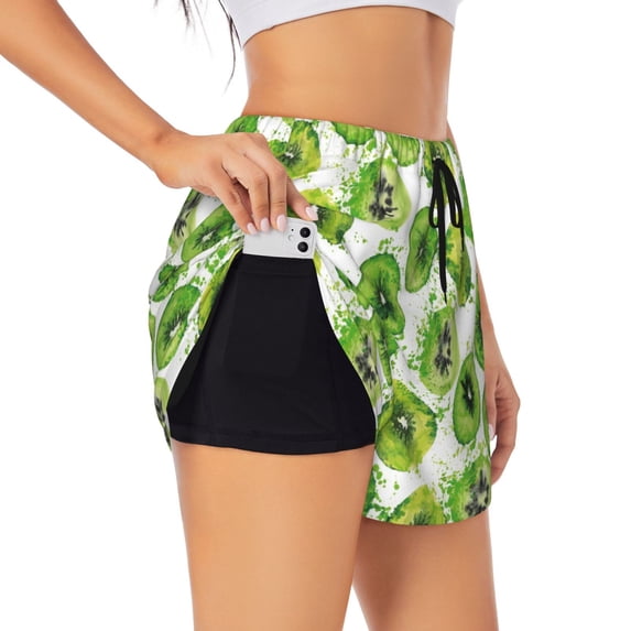 Vsdgher Green Kiwi Print Women's Running Double Layer Shorts High Waisted with Pockets Elastic Yoga Workout Athletic Gym Sports