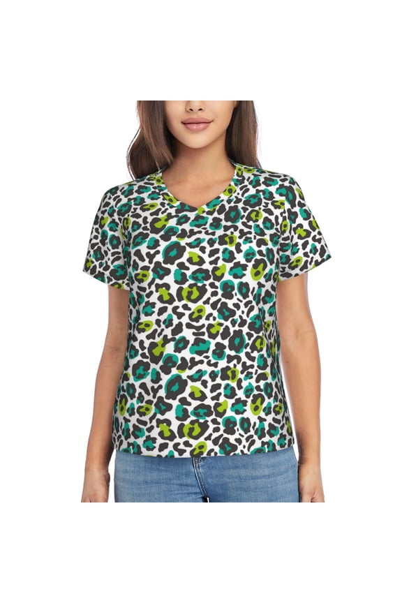 Green Leopard Women Shirts V Neck Short Sleeve Tops T-Shirt Basic Tees, S to 3XL3X-Large