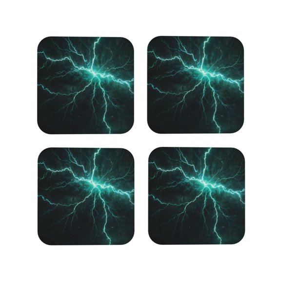 Vsdgher Green Lightning Flash Leather Coasters for Drinks, Durable Drink Coasters 4 Set for Tabletop Protection, Luxurious Home Décor and Housewarming Gift-Square