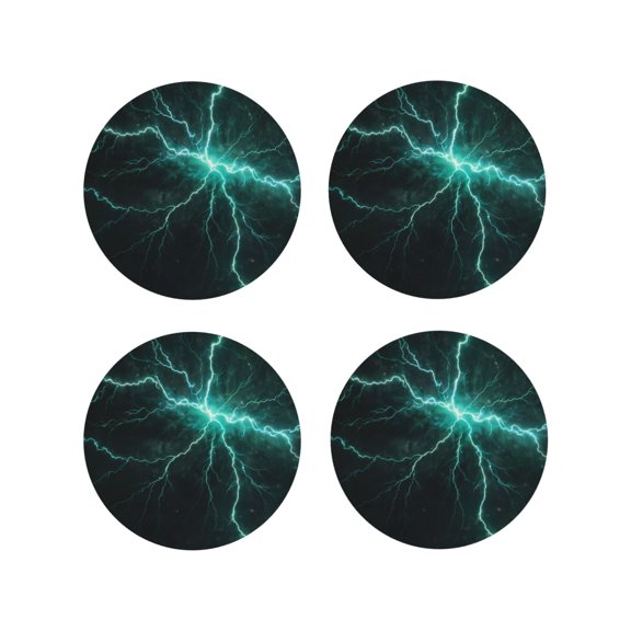 Vsdgher Green Lightning Flash Leather Coasters for Drinks, Durable Drink Coasters 4 Set for Tabletop Protection, Luxurious Home Décor and Housewarming Gift-Round Shape