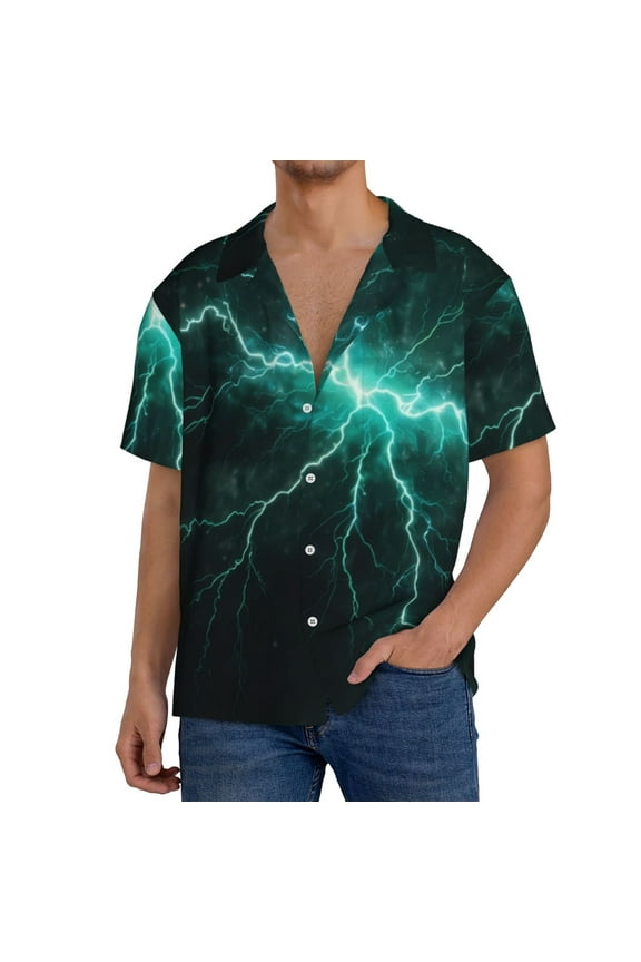 Green Lightning Flash Men's Cuban Shirt, Hawaiian Shirts, Business Casual Button Down Shirts, Short Sleeve Shirt-Medium