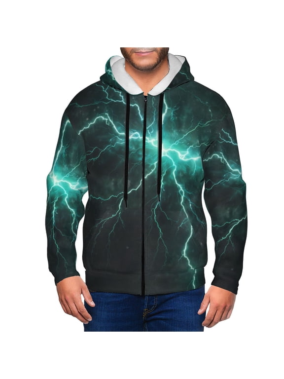 Green Lightning Flash Mens Hoodies Zip Hoodie, Hoodies for Men, Zip-up Hooded Sweatshirt-X-Large