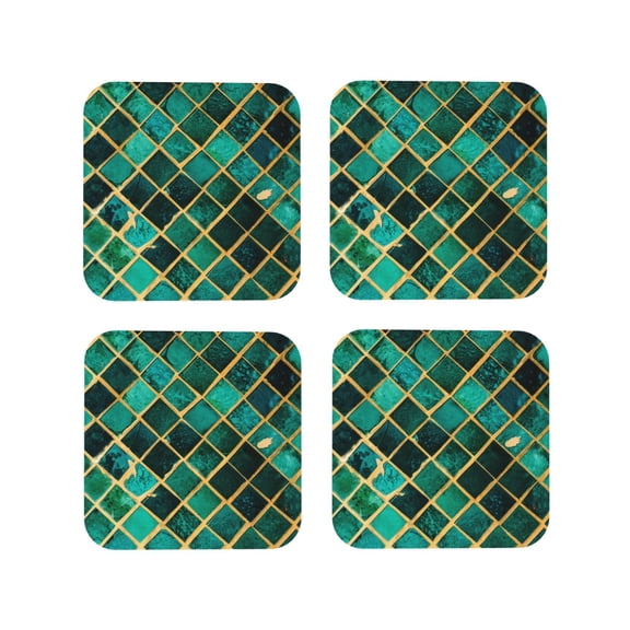Vsdgher Green Mosaic Glass Leather Coasters for Drinks, Durable Drink Coasters 4 Set for Tabletop Protection, Luxurious Home Décor and Housewarming Gift-Square