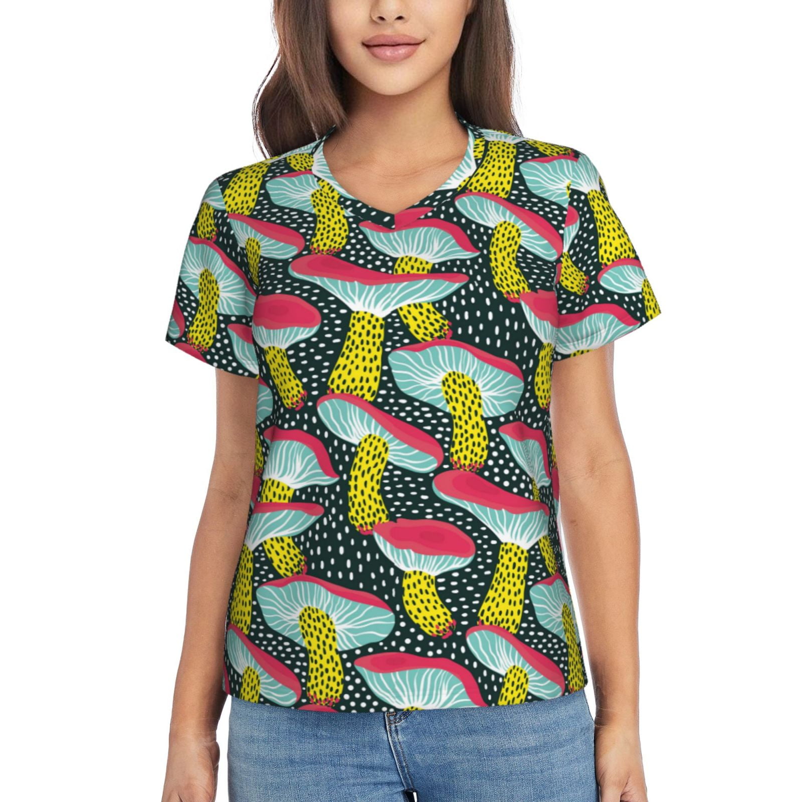 Vsdgher Green Mushroom Women Shirts V Neck Short Sleeve Tops T-Shirt ...