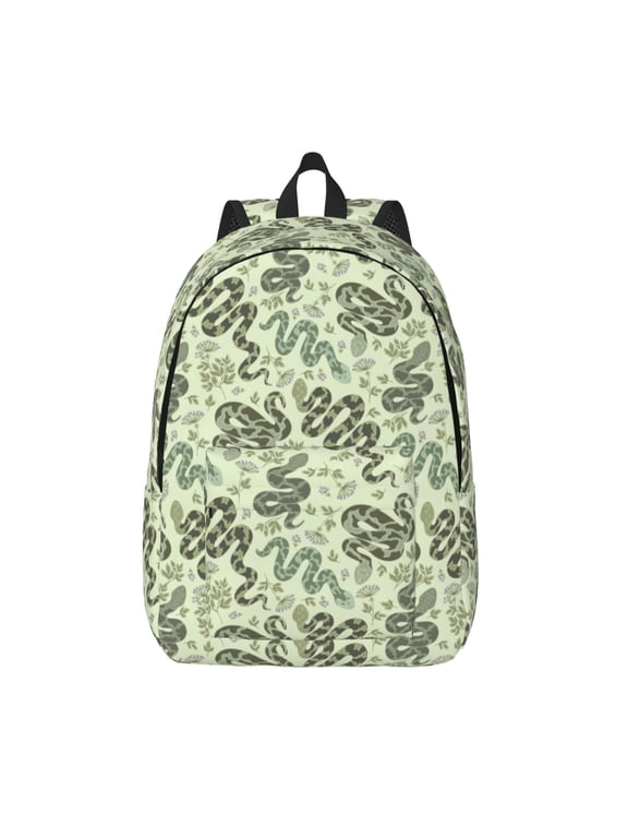 Green Snake Print Canvas Backpack Travel Rucksack Unisex Knapsack 15.7/17.7Inch Laptop Backpack for Work,College -Small