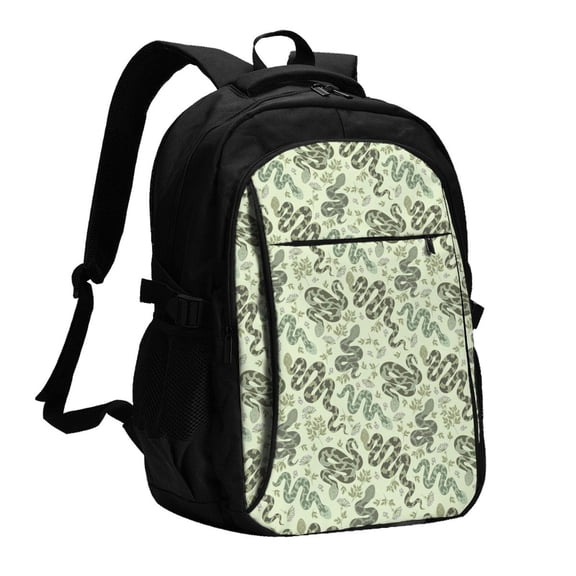 Vsdgher Green Snake Print Travel Laptop Backpack, Laptops Backpack with USB Charging Port, Water Resistant Computer Bag Gift for Men & Women