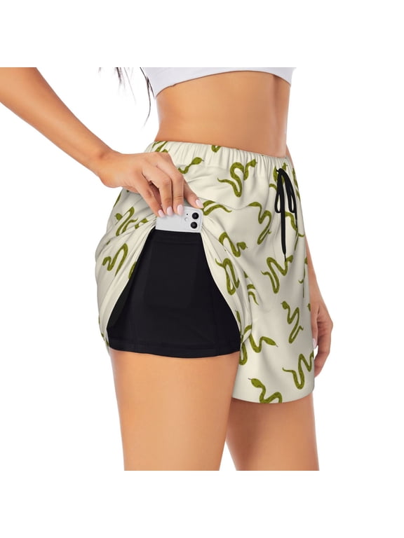 Green Snake Print Women's Running Double Layer Shorts High Waisted with Pockets Elastic Yoga Workout Athletic Gym Sports