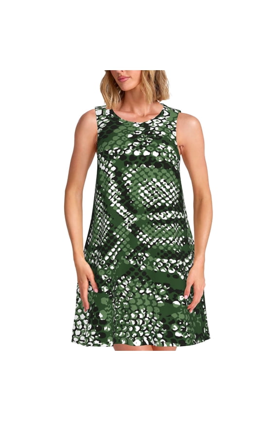 Green Snakeskin Print Summer Dresses for Women Casual U Neck Beach Dress Sleeveless Tank Loose Sundress with Pocket -Small