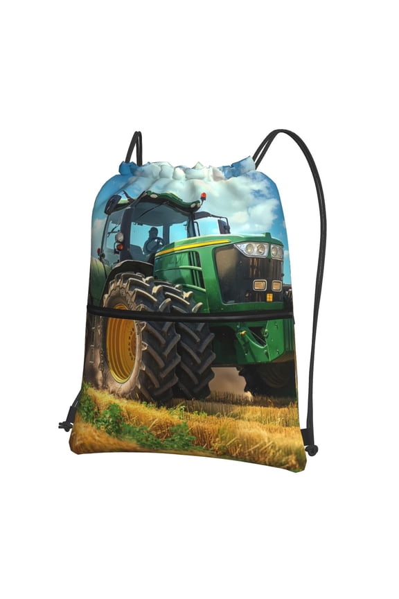 Green Tractor Field Drawstring Backpack Water Resistant String Bag Sports Sackpack Gym Sack for Men Women