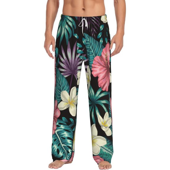 Vsdgher Green Tropical Leaves Print Mens Pajama Pants Sleep & Lounge Pants, PJ Bottoms With elastic waistb and Pockets