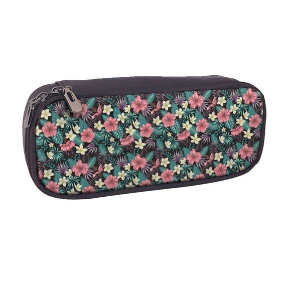 Vsdgher Green Tropical Leaves Print Pen Case Leather Pencil Pouch Markers Holder Big Capacity Bag with Zippered Pocket for Stationery Tool