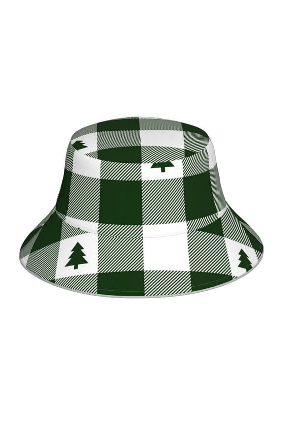 Green White Christmas Tree Lumberjack Plaid Print Bucket Hat for Men&Women Bucket Hat Reversible Summer Double-Side-Wear Travel Gardening, Beach, Camping, Hiking, Fishing Cap