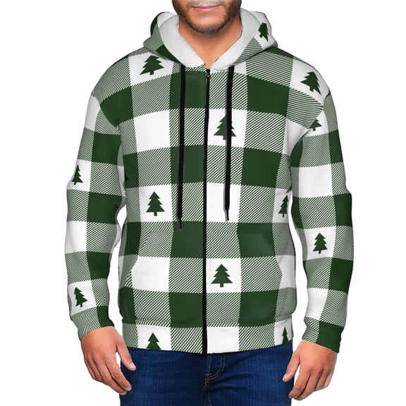 Vsdgher Green White Lumberjack Plaid Mens Hoodies Zip Hoodie, Hoodies for Men, Zip-up Hooded Sweatshirt-X-Large